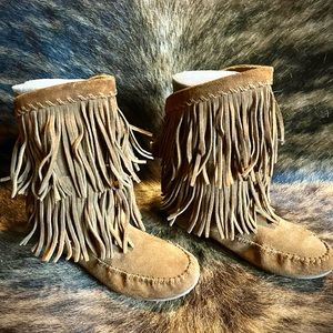 Minnetonka Brown Suede Double Fringe Tall Boots. Handmade. Size 7